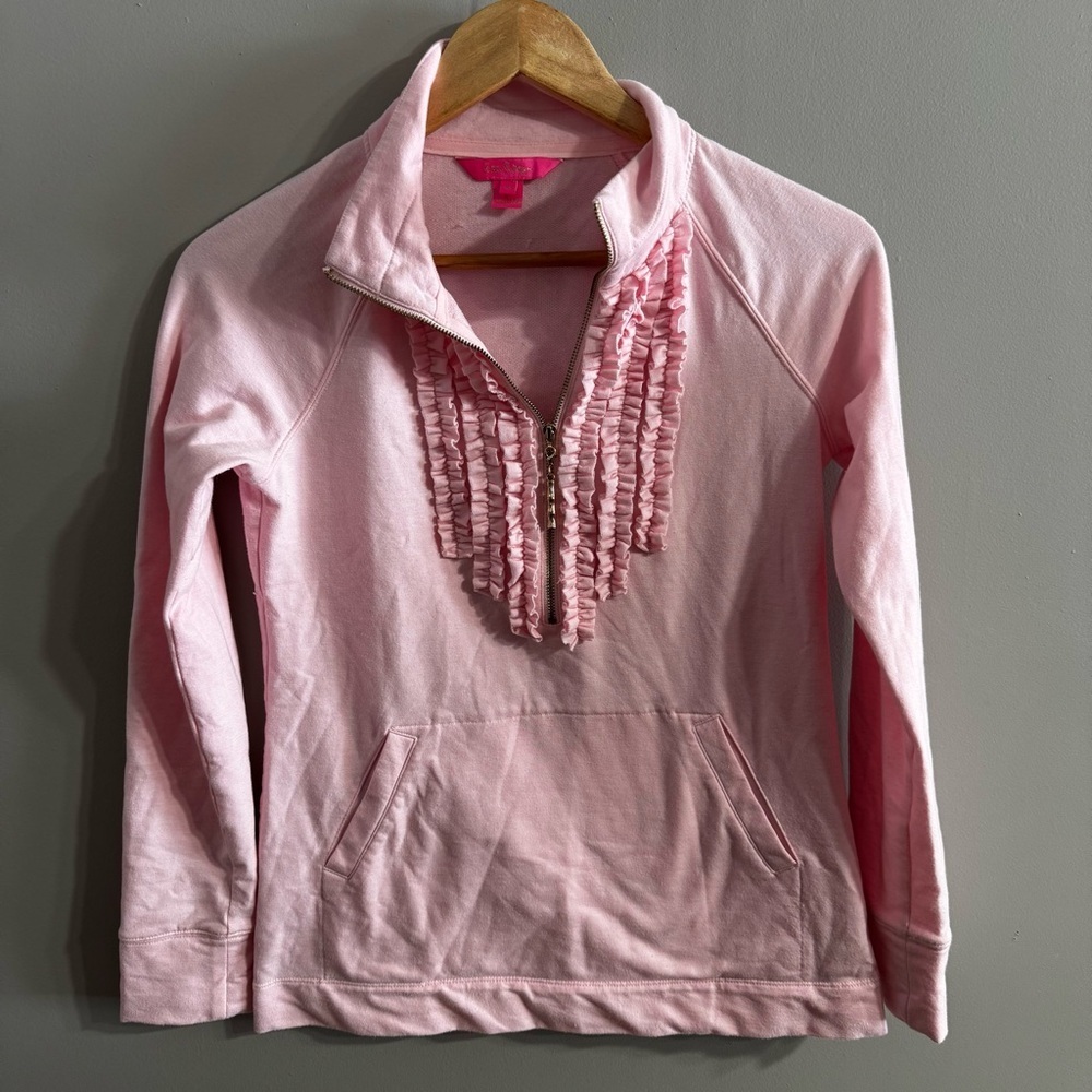 Lilly Pulitzer Half Zip Ruffle Front Design Pullover In Light Pink Color - Picture 2 of 4
